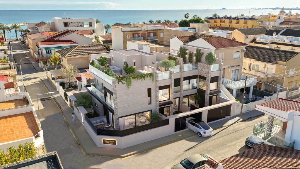Vista aérea de Residencial Sacanit en Torre de la Horadada, con el mar Mediterráneo al fondo