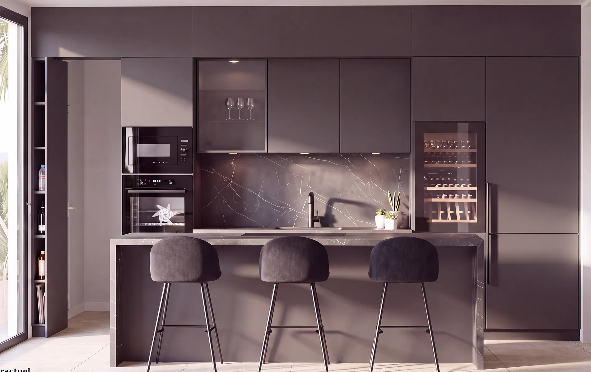 Cocina de diseño de la villa de lujo en La Zenia con isla, tres taburetes y mobiliario contemporáneo