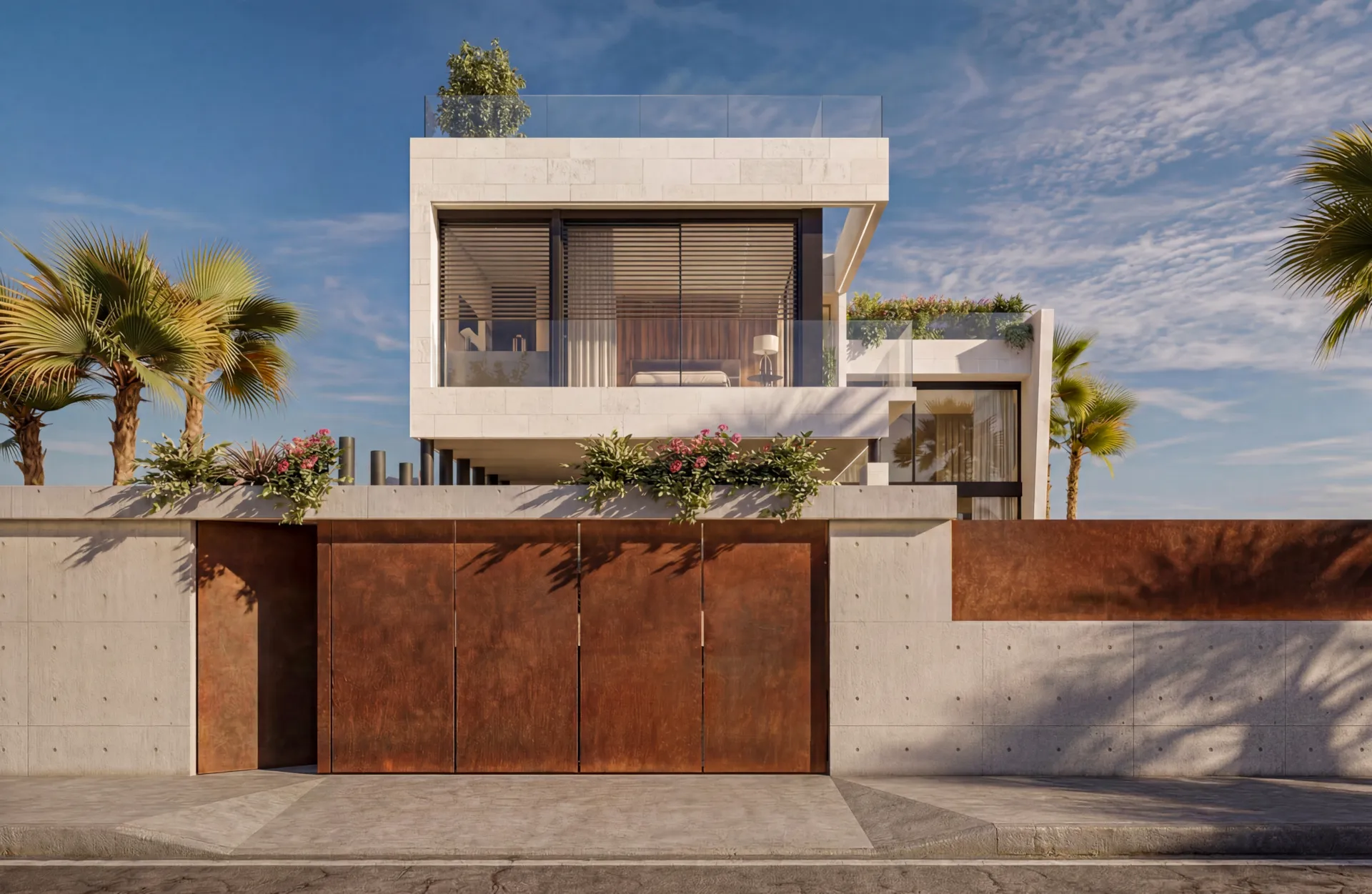 Vista desde la calle de la villa de lujo en La Zenia, con arquitectura contemporánea y entrada privada